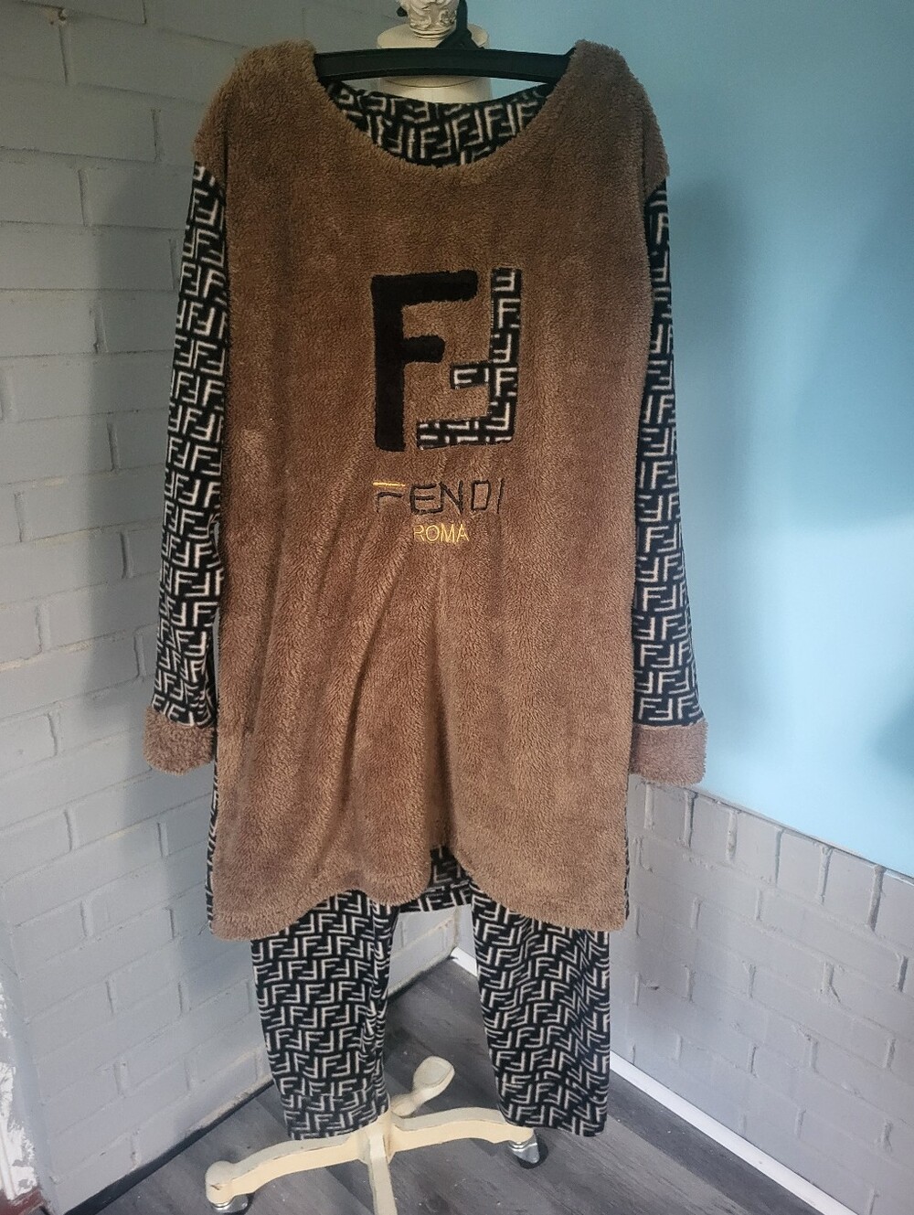 Faux Fendi Brown and Black Logo Crewneck Pajamas
